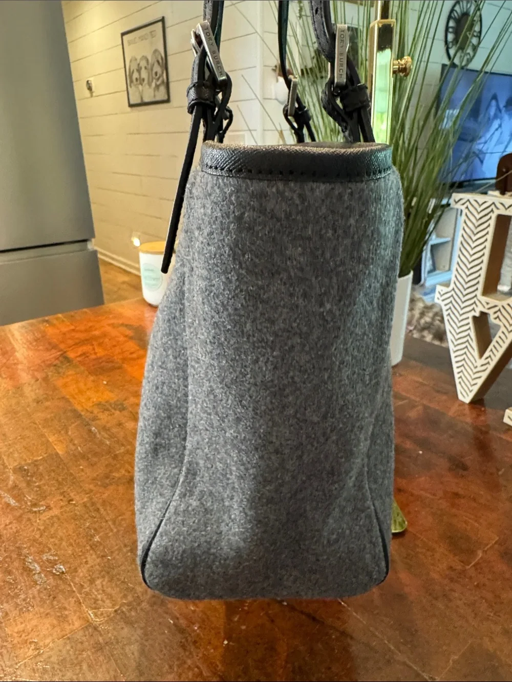 Tory Burch Gray Felt Tote with Black Trim